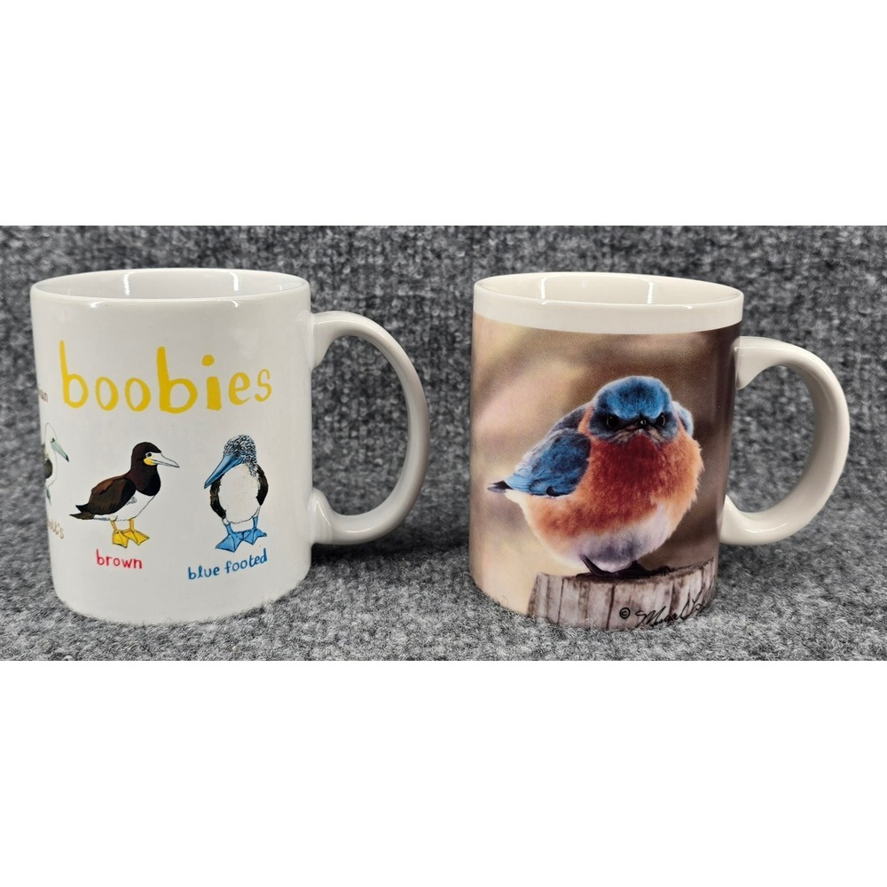 2 Bird Coffee Mugs White w/ Illustrations Sarah Edmonds & Eklunds Funny Gift
